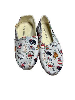 TOMS Belmont Holiday Cats Slip-On Shoes Gray Christmas Cat Print Women’s Casual
